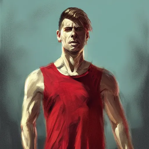 Image similar to Portrait of a man by Greg Rutkowski, he is about 30 years old, short blond hair, athletic and strong, straight jaw, wearing red tank top, older brother vibes, highly detailed portrait, digital painting, artstation, concept art, smooth, sharp foccus ilustration, Artstation HQ.