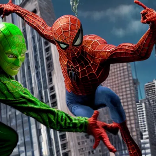 Image similar to Tobey Maguire as the Green Goblin, fighting Daniel Radcliffe as Spider-Man, 2023 movie preview, screenshot, promotional still, Ultra HD, 8k, realistic