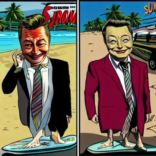 Image similar to surfing elon musk as mr. bean as the joker from batman, surfing still from batman vs bean at the beach, 2 0 2 0