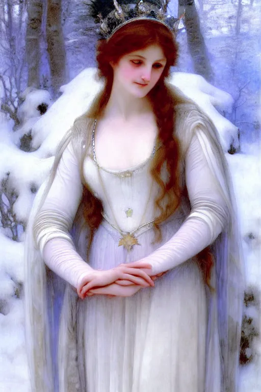 Prompt: snow queen, painting by rossetti bouguereau, detailed art, artstation