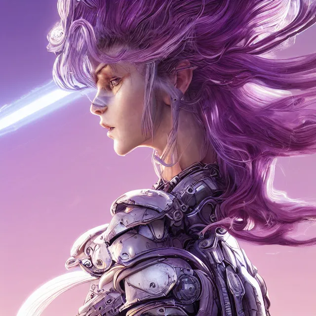 Prompt: close facial portrait of a pale woman in futuristic bionic armor with flowing purple hair, elegant, stoic, intense, ultrafine hyperdetailed illustration by kim jung gi, irakli nadar, intricate linework, sharp focus, bright colors, octopath traveler, final fantasy, hearthstone, highly rendered, global illumination, radiant light, detailed, intricate environment