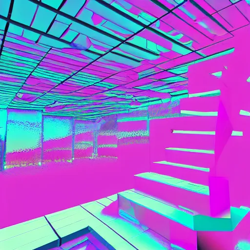 Prompt: surreal 3 d vaporwave raytraced scene, global illumination, floating illuminated orbs, pink staircase, trending on artstation, masterpiece