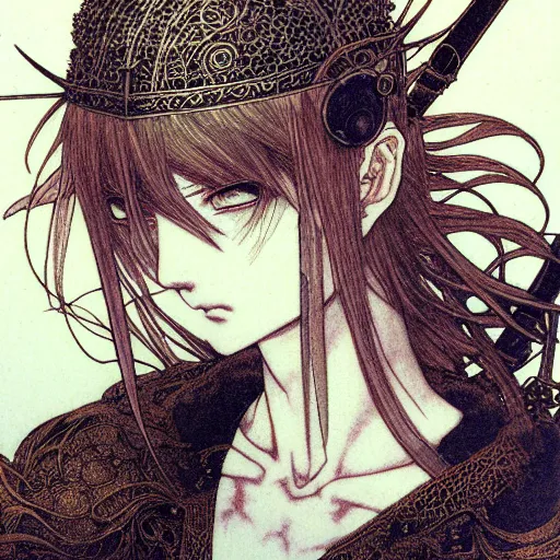 Image similar to prompt: Fragile looking vessel portrait soft light drawn by Takato Yamamoto, inspired by Fables, weapons around the face, ancient dark chrome knight armor, magical and alchemical objects on the side, soft light, white background, intricate detail, intricate oil painting detail, sharp high detail, manga and anime 2000