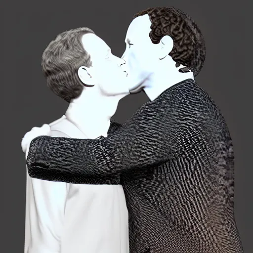 Image similar to a 3d render of mark zuckerburg kissing donald trump, in the style of beeple,