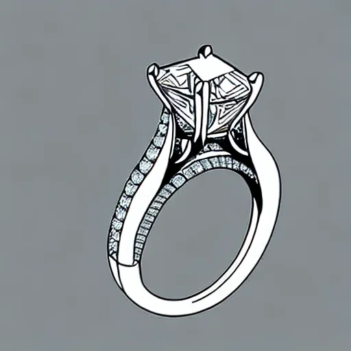 Prompt: sketch of engagement ring with two smaller diamonds outside and one bigger diamond in the middle, detailed, concept art, victorian, schematic