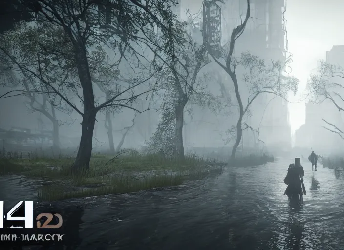 Image similar to dark, misty, foggy, flooded new york city street swamp in Destiny 2, liminal creepy, dark, dystopian, abandoned highly detailed 4k in-game destiny 2 screenshot gameplay showcase