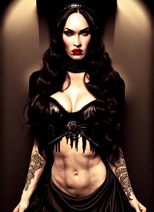 Image similar to megan fox witch queen, black eyes, blood, full body, intricate victorian dress, middle shot, cinematic lighting, symmetrical eyes, caravaggio, artgerm, joshua middleton, rafael albuquerque, moody lighting, candles