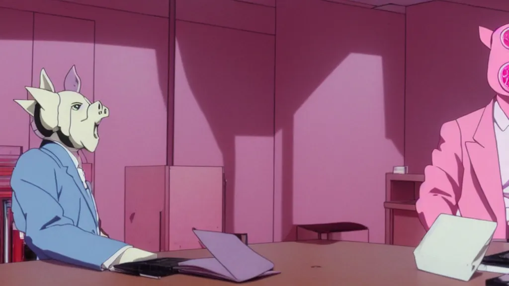 Prompt: a man wearing a pink suit and a pink pig mask sitting in an office, anime film still from the an anime directed by Katsuhiro Otomo with art direction by Salvador Dalí, wide lens