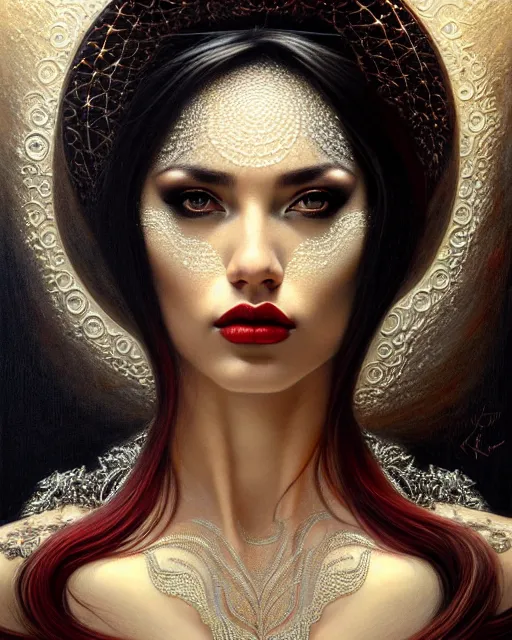 Image similar to portrait of a beautiful goddess, enigmatic beauty, muted shades of black, gold silver, dark red, white, head in focus, fantasy art, ornamental aesthetics, intricate, elegant, highly detailed, hyperrealistic, artstation, concept art, soft illumination, painterly, sharp focus, by karol bak