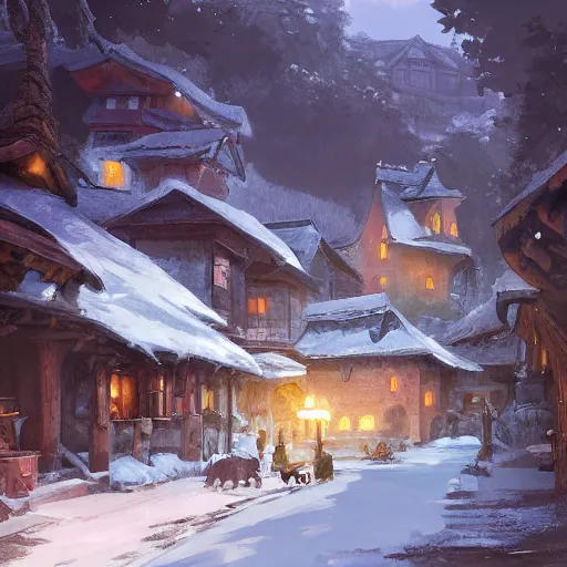 Image similar to concept art painting of a cozy village at night in a mountainous forested valley, historic european and japanese architecture, realistic, detailed, cel shaded, in the style of makoto shinkai and greg rutkowski and james gurney