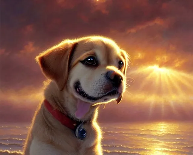 Image similar to a cute smiling puppy with its eyes shut on a very windy day, at the sea, wind blowing through the dogs fur, strong wind, closed eyes, highly detailed, hyperrealistic, intricate, sunset in the background, rays of golden red sunlight, oil painting by greg rutkowski and artgerm and wlop