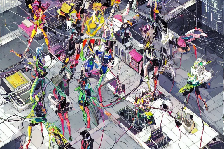 Image similar to a cyberpunk illustration of a group of four super-coherent colorful female androids dressed in seifuku in style of masamune shirow, lying scattered across an empty, white floor with their bodies rotated in different poses and cables and wires coming out, by yukito kishiro and katsuhiro otomo, hyper-detailed, intricate, bird view