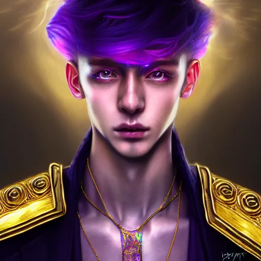 Image similar to hyperdetailed close portrait of a stunningly beautiful ukrainian boy androgynous wizard guard made of iridescent metals and shiny purple gems, bright rainbow nimbus, golden necklace, smoke background inspired by ross tran and masamune shirow and kuvshinov, concept art, intricate, photorealistic, octane render, rtx, hdr, unreal engine, dnd digital art by artgerm