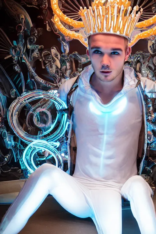 Image similar to full-body rococo and cyberpunk style neon statue of a muscular attractive Liam Payne macho dotado e rico android sim roupa reclining con las piernas abertas e la piroca dura, glowing white lasers, glowing eyes, silver prince crown, silver steampunk gears, white diamonds, swirling mint-colored silk fabric. futuristic elements. ethereal white dripping tar. full-length view. space robots. human skulls. intricate artwork by caravaggio. Trending on artstation, octane render, cinematic lighting from the right, hyper realism, octane render, 8k, depth of field, 3D