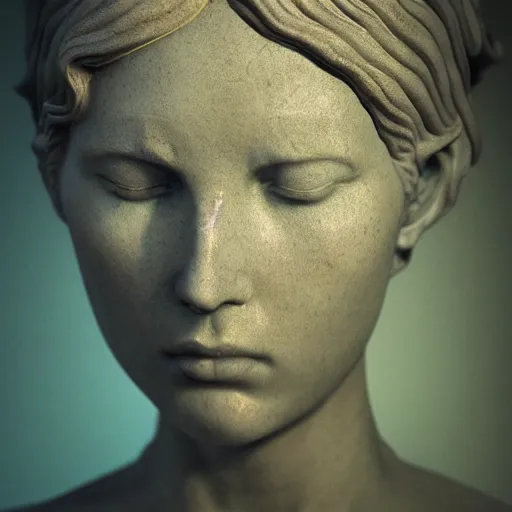 Prompt: artistic portrait of a crying female marble statue, art by alessio albi 8 k ultra realistic, sadness, lament, wings, lens flare, atmosphere, glow, detailed, intricate, full of color, led lighting, trending on artstation, 4 k, hyperrealistic, 3 5 mm, focused, extreme details, unreal engine 5, masterpiece