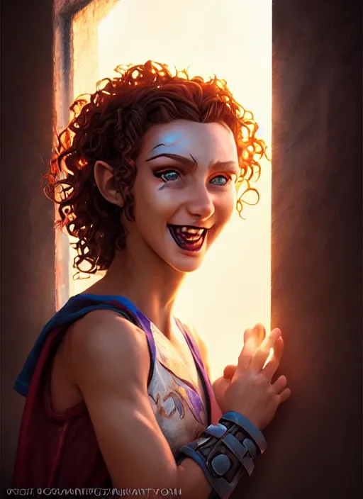 Image similar to an epic fantasy comic book style portrait painting of a girl wearing fantasy makeup with a mischievous smile and curly brown hair stepping out of a doorway with light shining behind her, unreal 5, daz, hyperrealistic, octane render, cosplay, rpg portrait, dynamic lighting