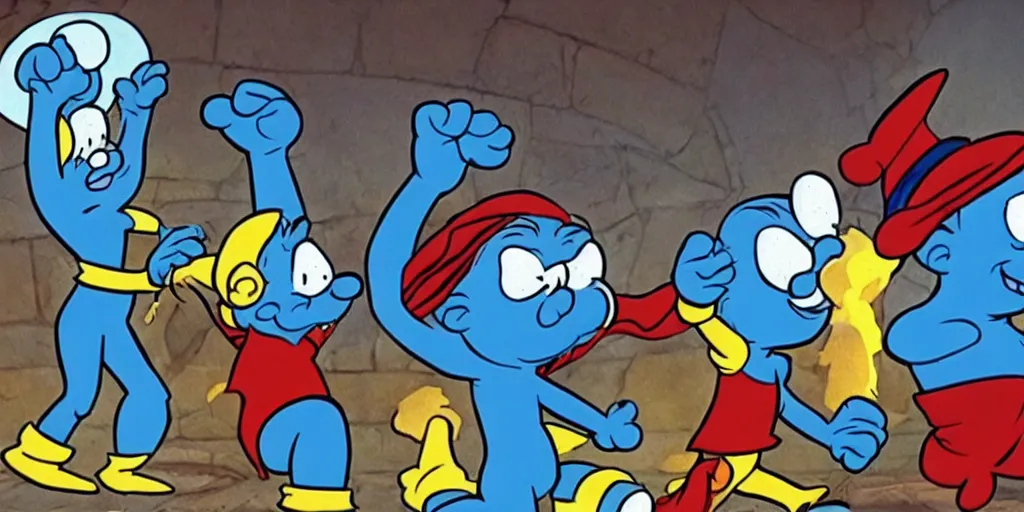 Prompt: the smurfs in the avengers, animation, hanna barbera style