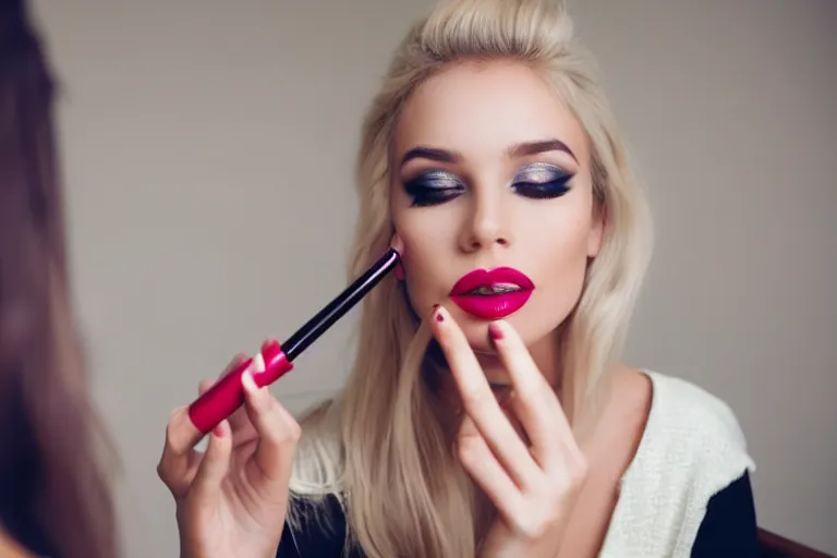 Prompt: young woman putting makeup on, holding lipstick and touching her lips with it, looking at mirror, blonde hair, sitting on a chair