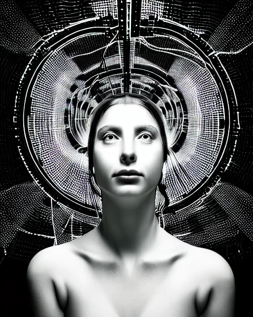 Image similar to black and white artistic photo, young female cyborg - plant goddess, microchip, artificial intelligence, bio - mechanical bio - luminescence, black wired cables, cinematic, rim light, photo - realistic, 8 k, in the style of dora maar and h. g. giger