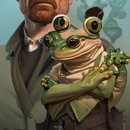 Image similar to a frog and walter white, intricate, highly detailed, digital painting, artstation, concept art, smooth, sharp focus, illustration, unreal engine 5, 8 k, art by artgerm and greg rutkowski and alphonse mucha