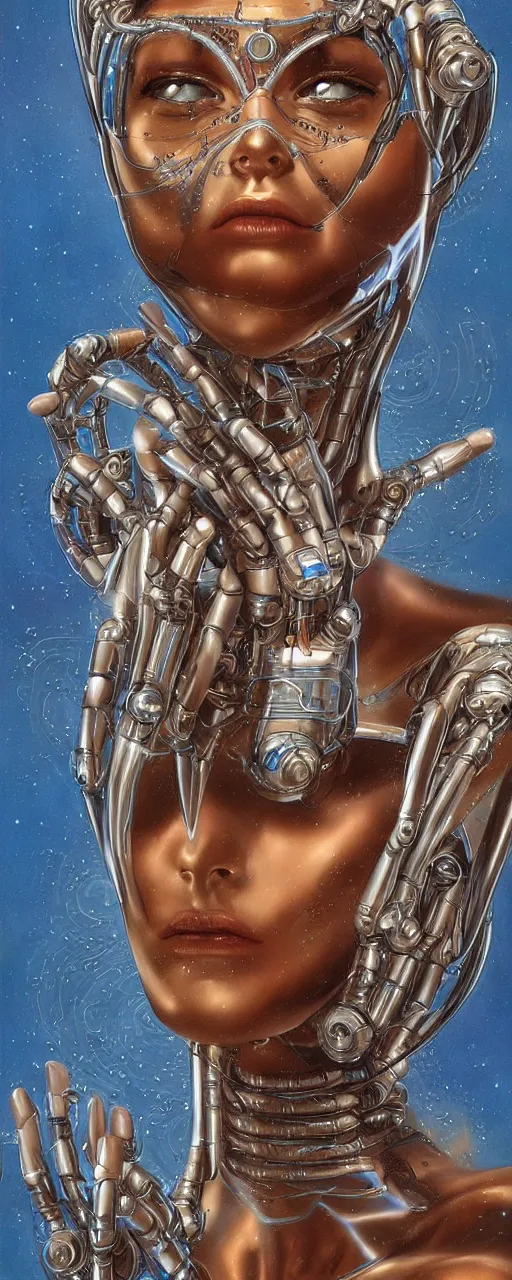 Prompt: a robotic goddess with transparent skin, highly detailed, digital painting, smooth, sharp, beautiful face, expressive eyes, highly intricate, art by Boris Vallejo and H.R. Giger