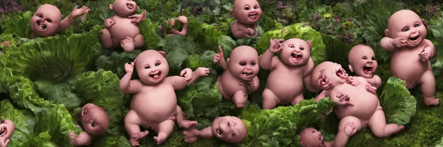 Prompt: A gaggle of ultrarealistic Cabbage-patch demon babies are eating each other in a hellish garden, horror, dark, cabbages, 8k resolution