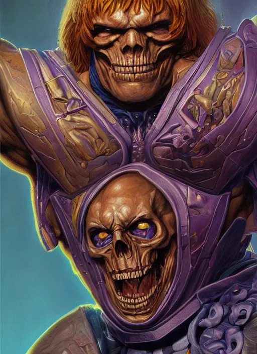 Image similar to portrait of He-man and Skeletor fused together in The Fly (1986), intricate, highly detailed, centered, digital painting, artstation, concept art, smooth, sharp focus, illustration, artgerm, donato giancola, Joseph Christian Leyendecker, WLOP, Artgerm