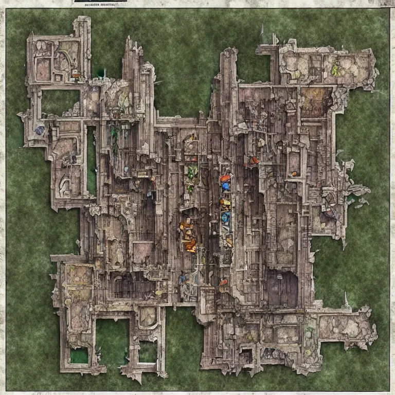 Image similar to full - color fantasy floor plan map of a ruined temple, by greg rutkowski and james gurney, trending on artstation