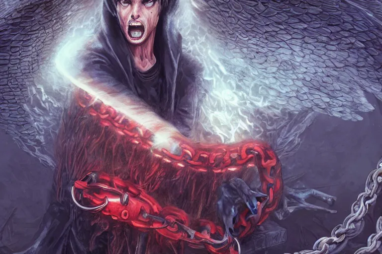 Image similar to lucifer, dark angel, hybrid human with snake, red eyes, chain, handcuffs, large chain, wide open mouth, scream, cruelty, sea bottom, light effect, highly detailed, artstation, concept art, matte, sharp focus, illustration, by dan mumford, yusuke murata, makoto shinkai, ross tran