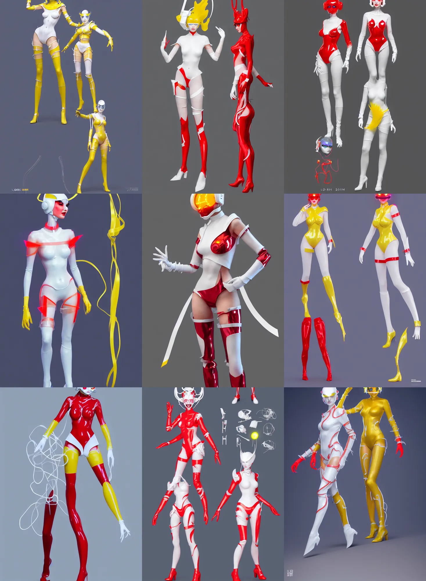Image similar to a full body character design by loish, hong soonsang, tooth wu and zeen chin. laser white and yellow tape and red translucent plastic tape attctive showgirl!! sci - fi helmet with blue glowing eyes!! sharp edges. contour light!! ultra detailed, elegant, intricate, octane render.
