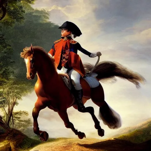 Image similar to ultra realistic Napoleon riding a horse in a jungle, dinosaurs, t-Rex, ultraHD