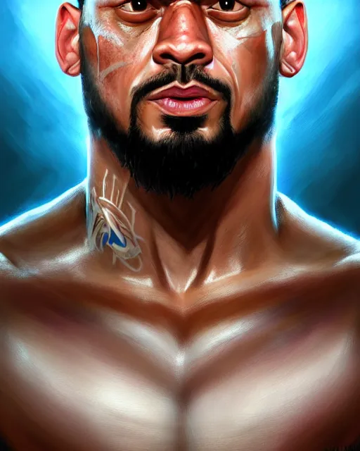 Image similar to face portrait of roman reigns as a muscular stephen curry, wearing a haori, by wlop and peter mohrbacher, dramatic action pose, extremely detailed shading, concept art, digital painting, trending on artstation, unreal engine 5, octane render, atmosphere, glow, cinematic lighting, full of color