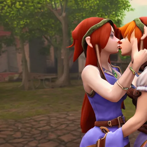 Image similar to female link and malon kissing, raytracing, hd, max settings