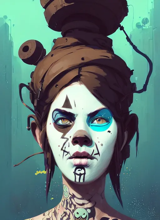 Image similar to highly detailed portrait of a sewer punk student lady with white graffiti face paint by atey ghailan, james gilleard, by joe fenton, by greg rutkowski, by greg tocchini, by kaethe butcher, 4 k resolution, gradient yellow, black, brown and cyan color scheme, grunge aesthetic!!! ( ( dystopian graffiti tag wall in background ) )