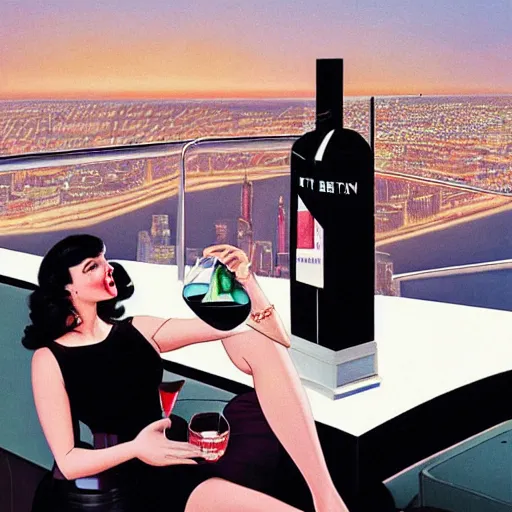 Prompt: bret easton ellis and the devil drinking martinis on top of a skyscraper at sunset with a black and white cat, by gil elvgren