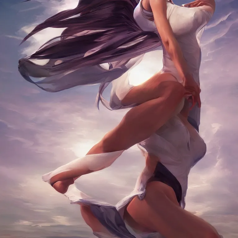 Prompt: dancer in the wind by christopher balaskasand artgerm, retrofuturism, trending on artstation