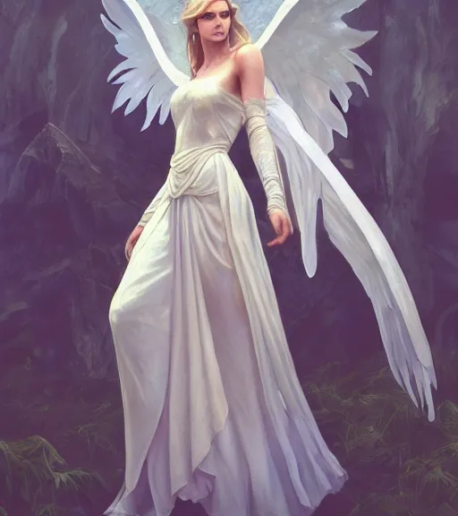 Prompt: angel, full dress, full body portrait, gentle, female, ruins landscape, d & d, fantasy, intricate, elegant, highly detailed, digital painting, white gold color palette, artstation, octane render, concept art, matte, sharp focus, illustration, hearthstone, art by artgerm and greg rutkowski and alphonse mucha