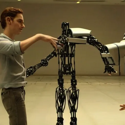 Image similar to a computer growing robotic arms and legs. Still from big budget hollywood sci-fi film.