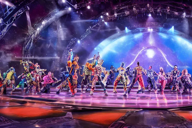Prompt: photo of a huge theaterstage, play is starlight express, 3 actors on stage, 8 k, multicolored, exaggerated detailed, long shot