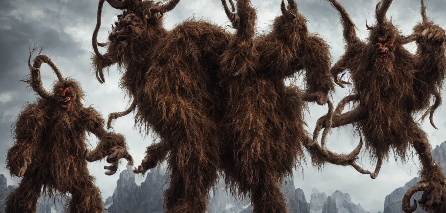 Prompt: hyperrealist highly detailed neo-baroque photography of krampus hay monsters standing in dolomites concept art pascal blanche dramatic studio lighting 8k wide angle shallow depth of field