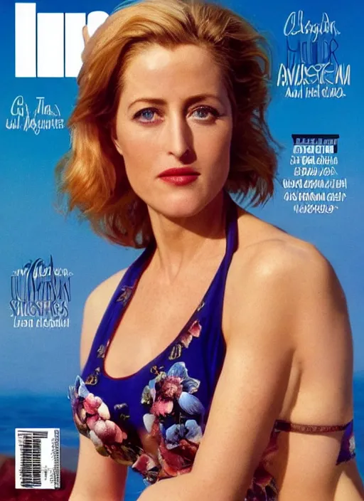 Image similar to A photo of a gorgeous Gillian anderson on the cover of Swimsuit Illustrated 1990s in the aesthetic of mert and marcus, masterpiece, intricate, elegant wardrobe, highly detailed, digital painting, artstation, concept art, smooth, sharp focus, illustration, art by artgerm and james jean and greg rutkowski and alphonse mucha