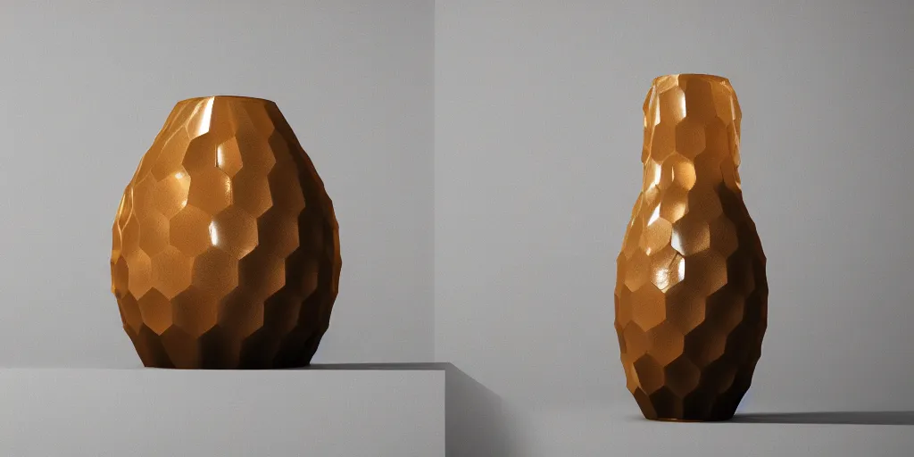 Prompt: honeycomb asymmetric melting big vase, on white background, 8k resolution, best color graded, vray beautiful, subsurface scatter, hyper-realistic render, octane render