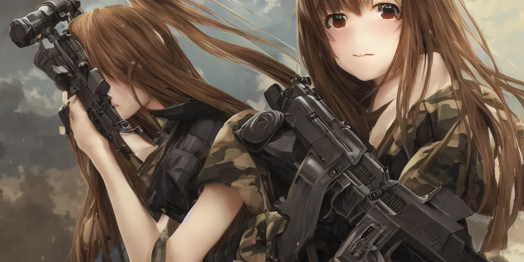Prompt: ump 4 5 soldier girl, anime style, long hair, hair down, symmetrical facial features, girls frontline wallpaper, hyper realistic, pale skin, 4 k, rule of thirds, extreme detail, detailed drawing, trending artstation, hd, fantasy, d & d, by alphonse mucha, greg rutkowski, sharp focus, backlit