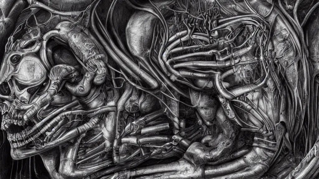 Image similar to Beating heart of the internet, anatomy, style of Giger, H. R. GIGER, 4K, highly detailed