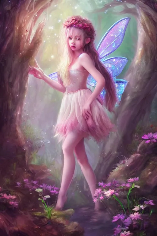 Image similar to a cute fairy in the dreamy forest, fantasy, 8 k resolution, hyper detailed, d & d, character design, digital painting, trending on artstation, sharp focus, illustration, art by artgerm, steve zheng, fuji choko, viktoria gavrilenko, hoang lap