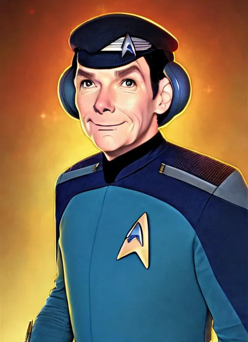 Image similar to cute star trek officer henning wehn, natural lighting, path traced, highly detailed, high quality, digital painting, by don bluth and ross tran and studio ghibli and alphonse mucha, artgerm