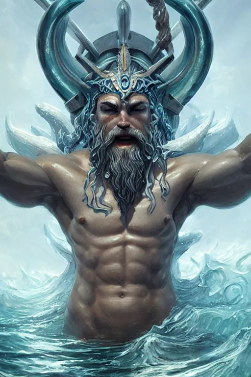 Image similar to poseidon humanoid god of the sea, trident, highly detailed, d & d, fantasy, highly detailed, digital painting, trending on artstation, concept art, sharp focus, illustration, art by artgerm and greg rutkowski and magali villeneuve