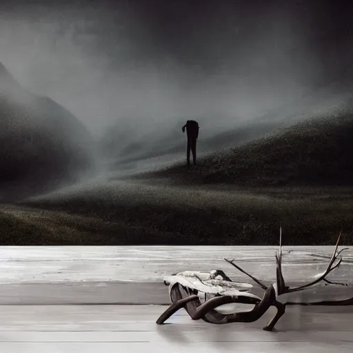 Image similar to beautiful misty landscape with dark figures playing cellos