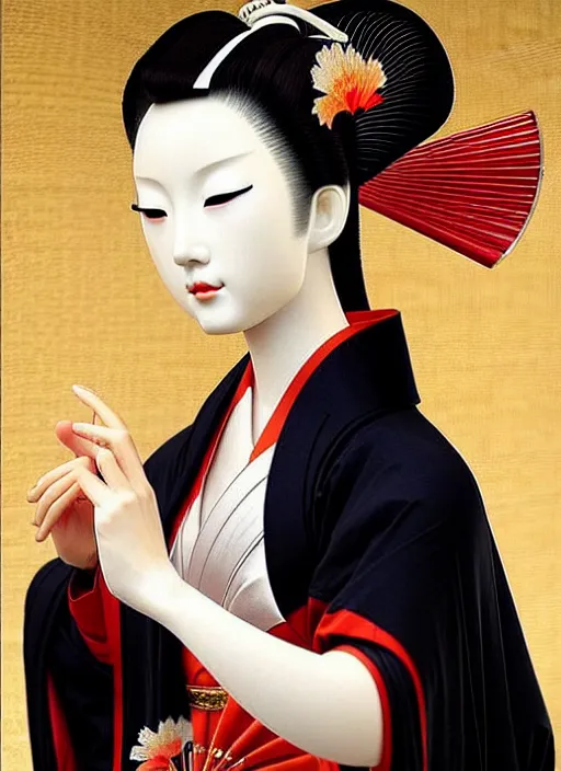 Prompt: glamorous and sexy young Geisha portrait, beautiful pale makeup, pearlescent skin, elegant pose, very detailed face, highly detailed kimono, photorealism, sharp focus, soft diffuse autumn lights, some sunlight ray, zen temple and smoky background, masterpiece painted by Leonardo da vinci and moebius and Sandro botticelli