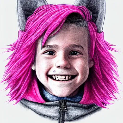 Prompt: a highly detailed portrait drawing of a cute teen boy with pink hair and pink wolf ears, smiling, waring a collar and a hoodie, artstation, fantasy